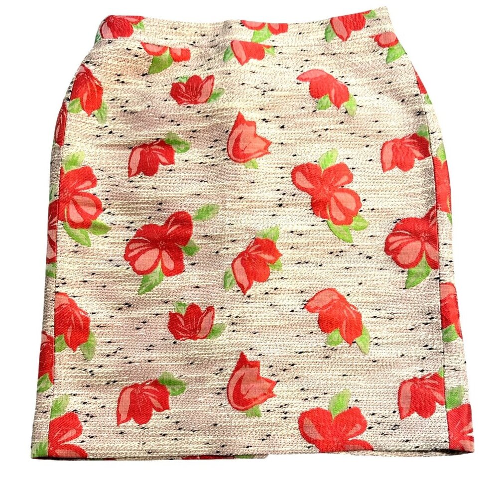J Crew Floral Pencil Skirt Size 2 Cream Tweed Pink Preppy City Office Villager